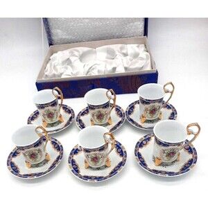 Vtg Yau Shing 6 Pc Demitasse Cup & Saucers Boxed Set Royal Blue Trim/Roses Gold